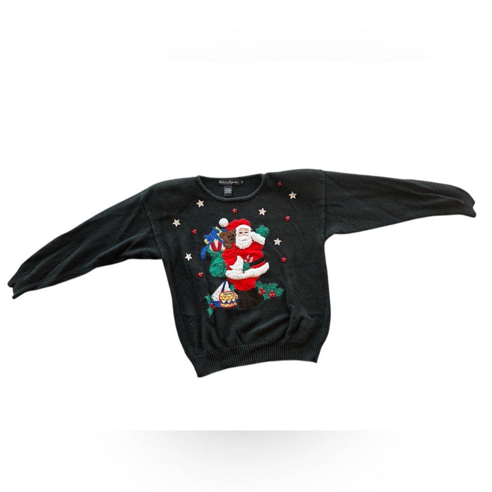 Vintage 80s Christmas Knit Sweater Santa Holiday Time Festive Rhinestone Beaded - Picture 2 of 5